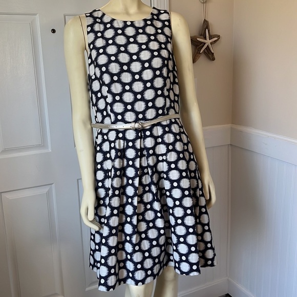 Eliza J Navy Blue & White Polkadot Fit & Flare Sleeveless Dress 12 - Picture 1 of 10
